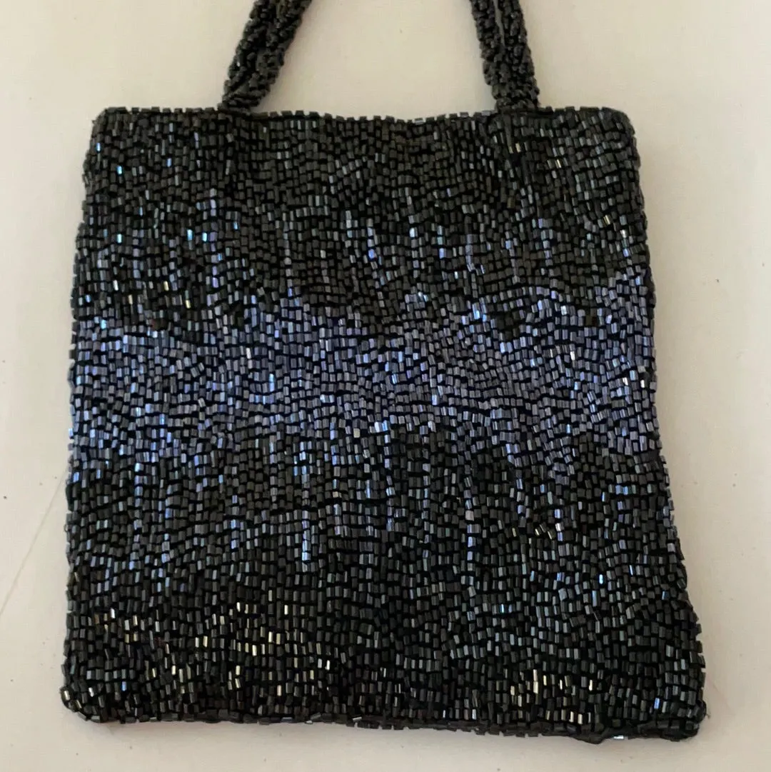 €€ Small Black & Blue Beaded Purse Bag Formal Evening