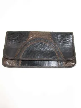 1980's Carlos Falchi Black Exotic Skins Clutch w/ Shoulder Strap