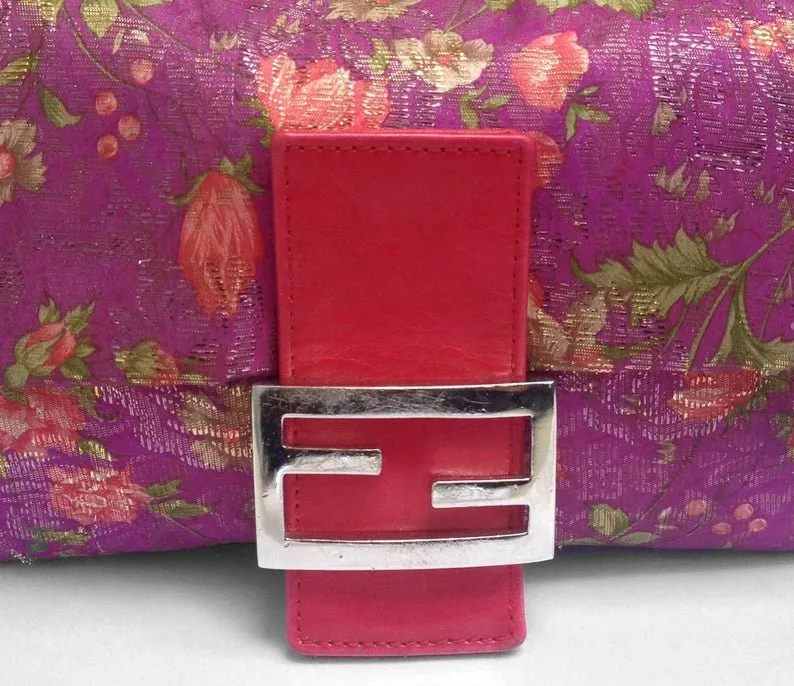 2000S Fendi pink flower print satin baguette bag with leather strap