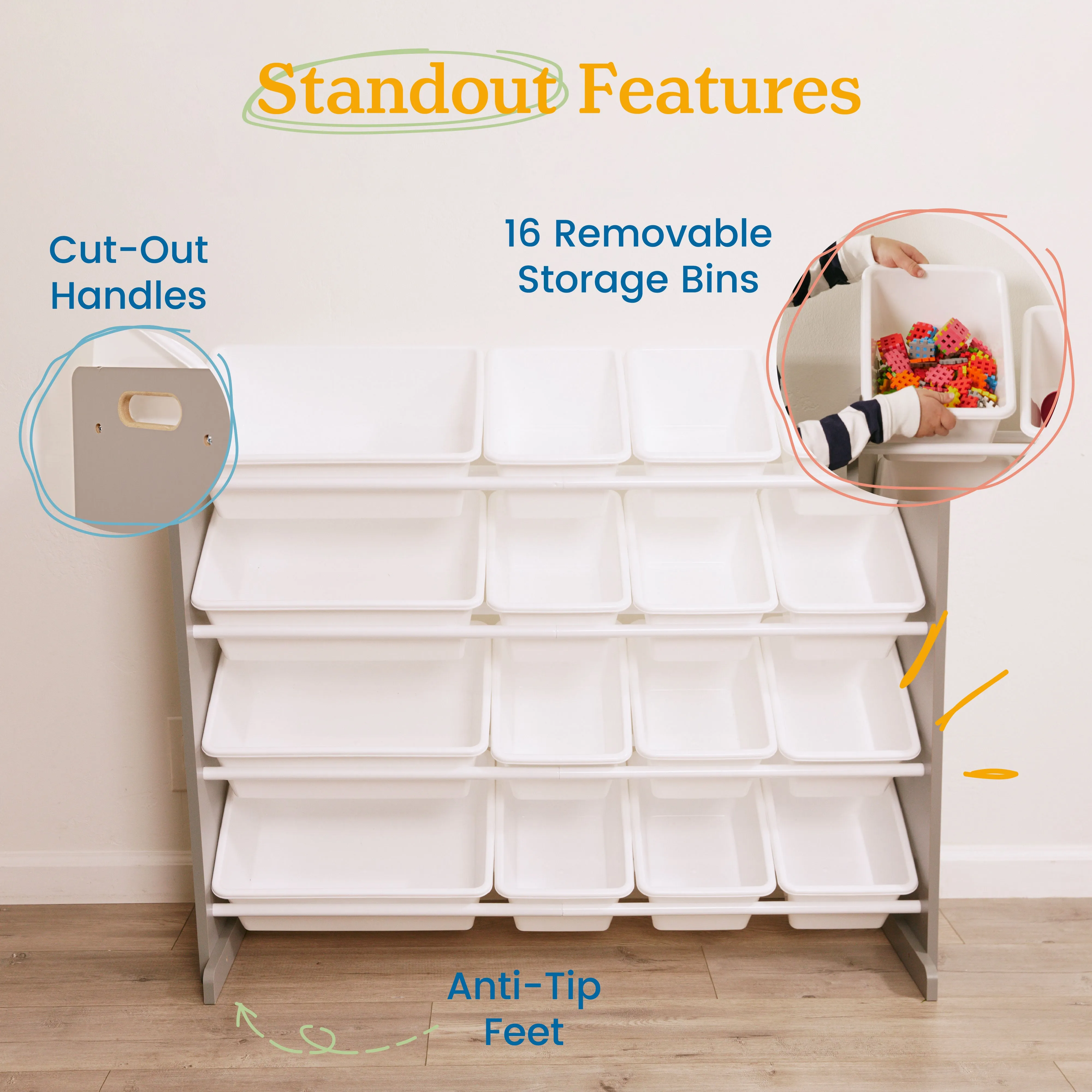 4-Tier Organizer with 16 Bins, Toy Storage