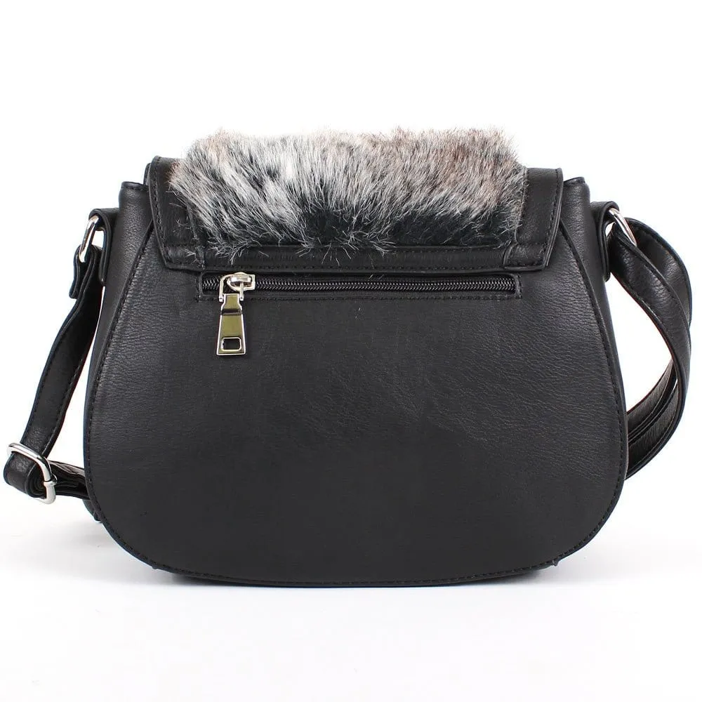 64638 Tricolor Faux-Fur Turn Clasp Saddle Crossbody