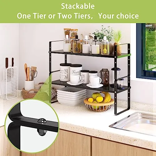 Across-Star Expandable Cabinet Shelf Organizer Rack, Stackable Kitchen Counter Storage Shelves Stand, Adjustable Height Pantry Shelf Spice Rack (Black, 1 Pack)