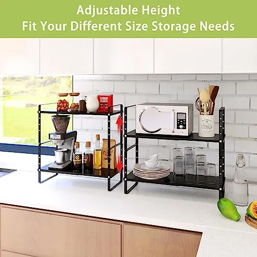 Across-Star Expandable Cabinet Shelf Organizer Rack, Stackable Kitchen Counter Storage Shelves Stand, Adjustable Height Pantry Shelf Spice Rack (Black, 1 Pack)