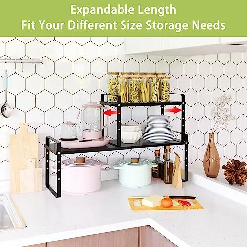 Across-Star Expandable Cabinet Shelf Organizer Rack, Stackable Kitchen Counter Storage Shelves Stand, Adjustable Height Pantry Shelf Spice Rack (Black, 1 Pack)