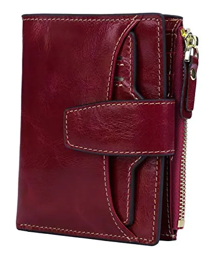 AINIMOER Women's RFID Blocking Leather Small Compact Bi-fold Zipper Pocket Wallet Card Case Purse (Waxed Wine)