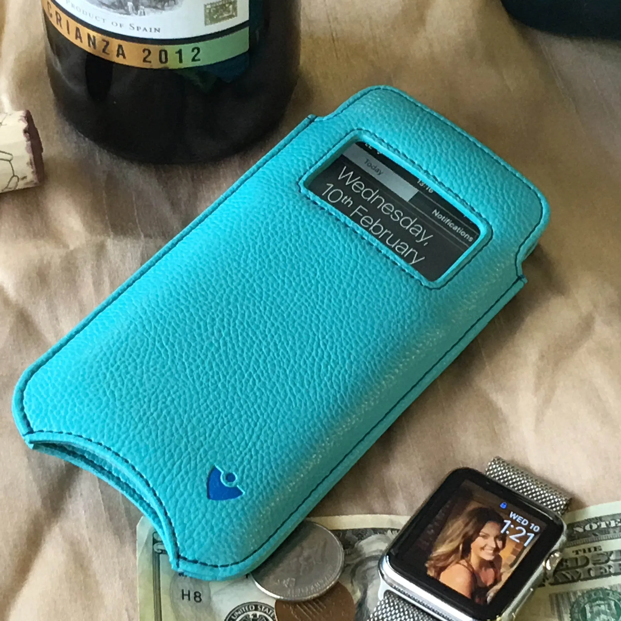 Apple iPhone 12 mini Pouch Wallet Case | Blue Vegan Leather | Screen Cleaning Sanitizing Lining | Smart Window