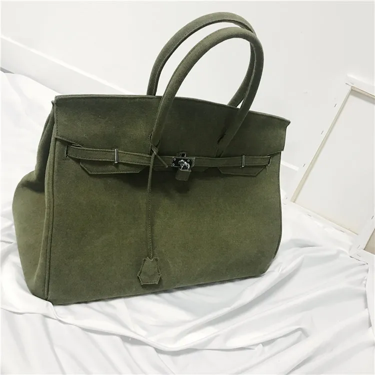 Army green Retro canvas leather tote buckle men/women's weekender travel overnight bag