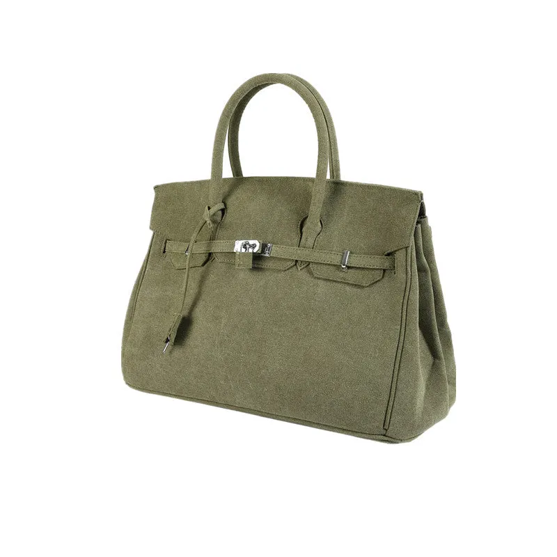 Army green Retro canvas leather tote buckle men/women's weekender travel overnight bag