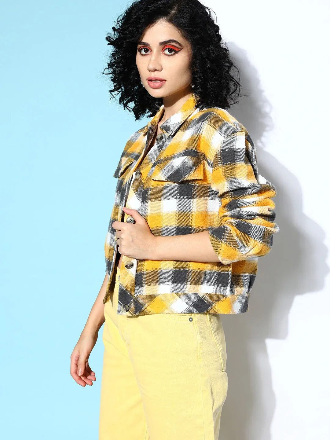 Berrylush Women Yellow & Charcoal Grey Checked Pattern Spread Collar Neck Cotton Straight Hem Tailored Regular Jacket