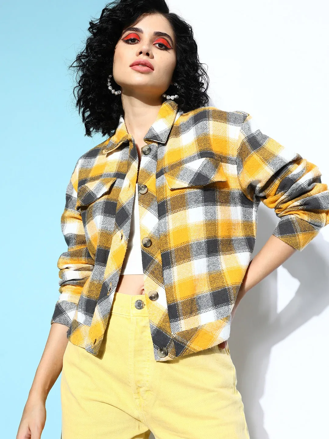 Berrylush Women Yellow & Charcoal Grey Checked Pattern Spread Collar Neck Cotton Straight Hem Tailored Regular Jacket