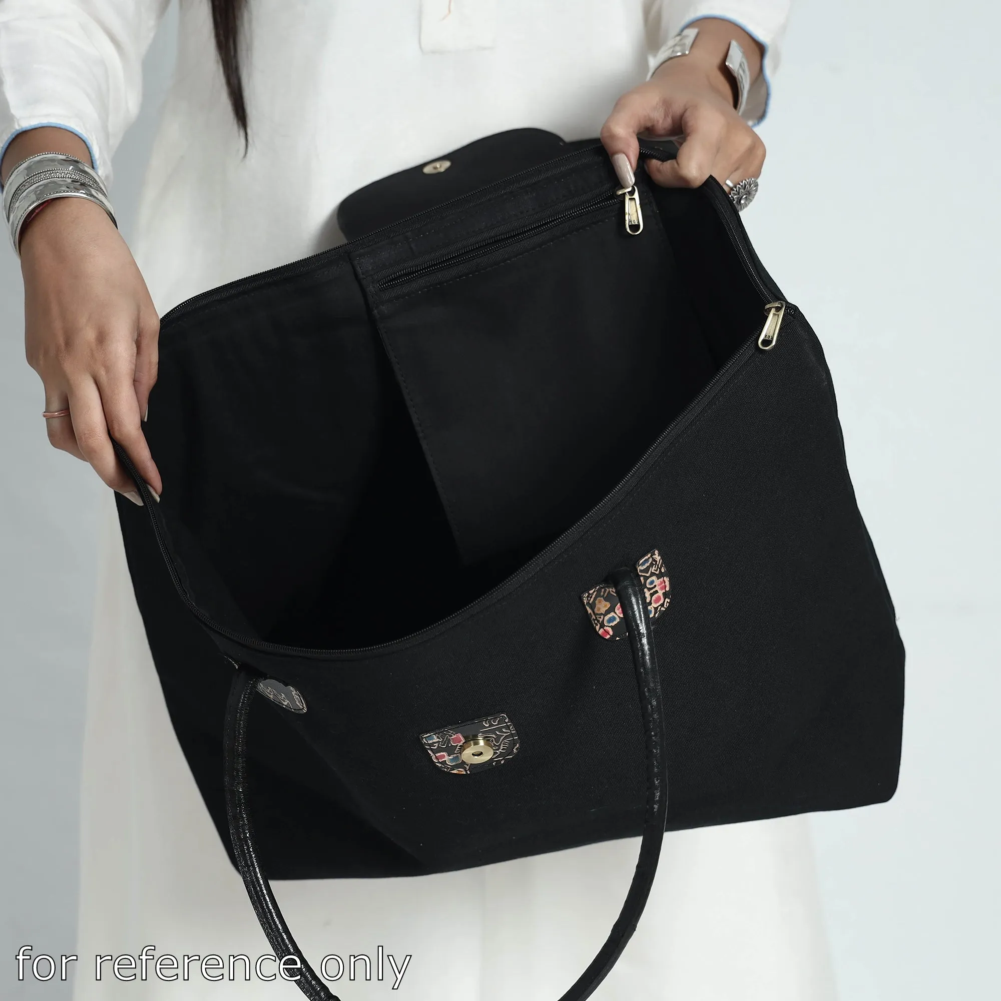 Black - Handcrafted Canvas Cotton & Embossed Leather Flap Tote Bag