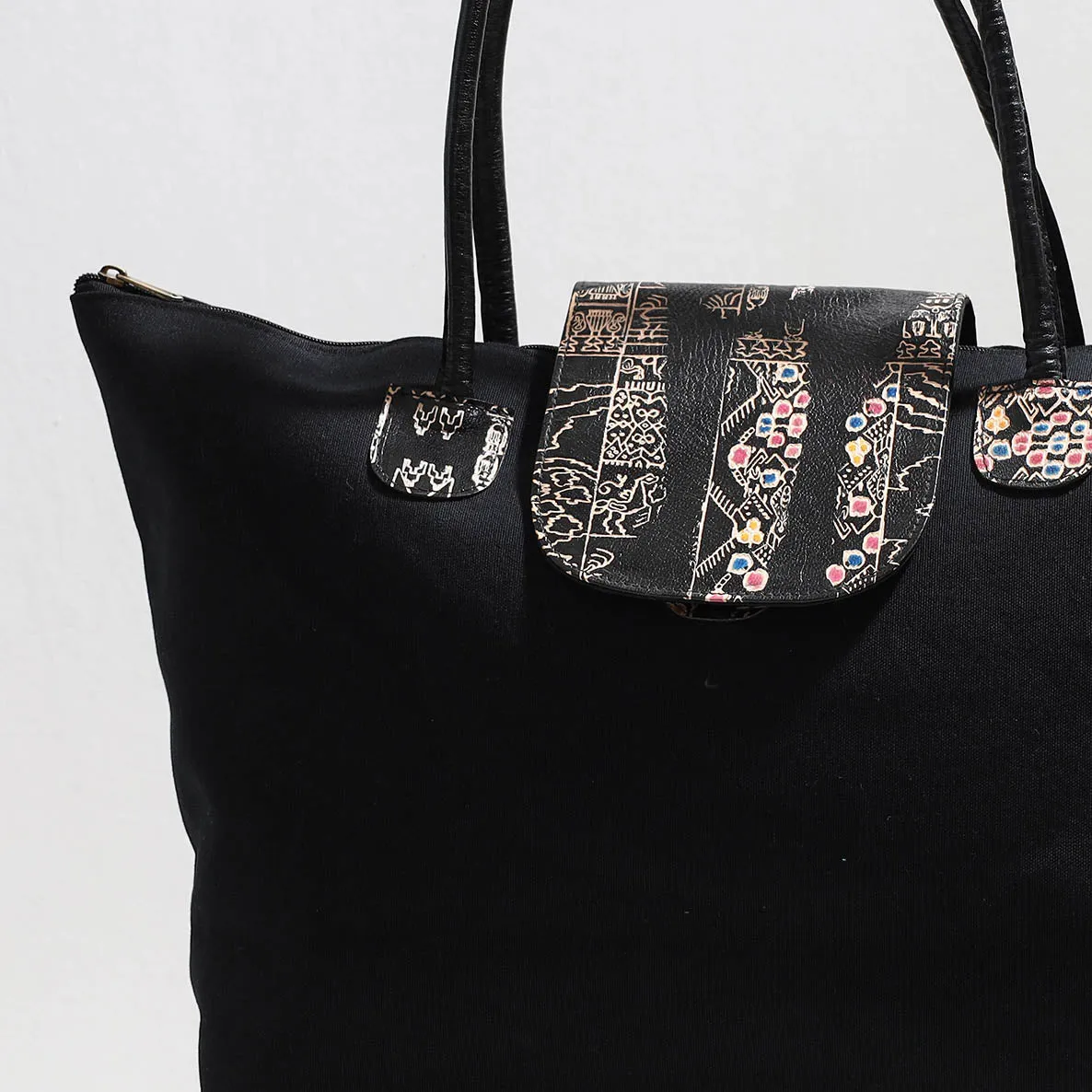 Black - Handcrafted Canvas Cotton & Embossed Leather Flap Tote Bag