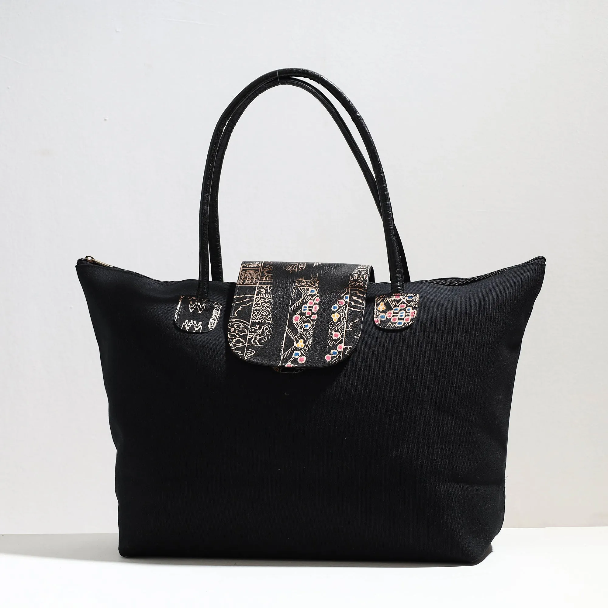 Black - Handcrafted Canvas Cotton & Embossed Leather Flap Tote Bag