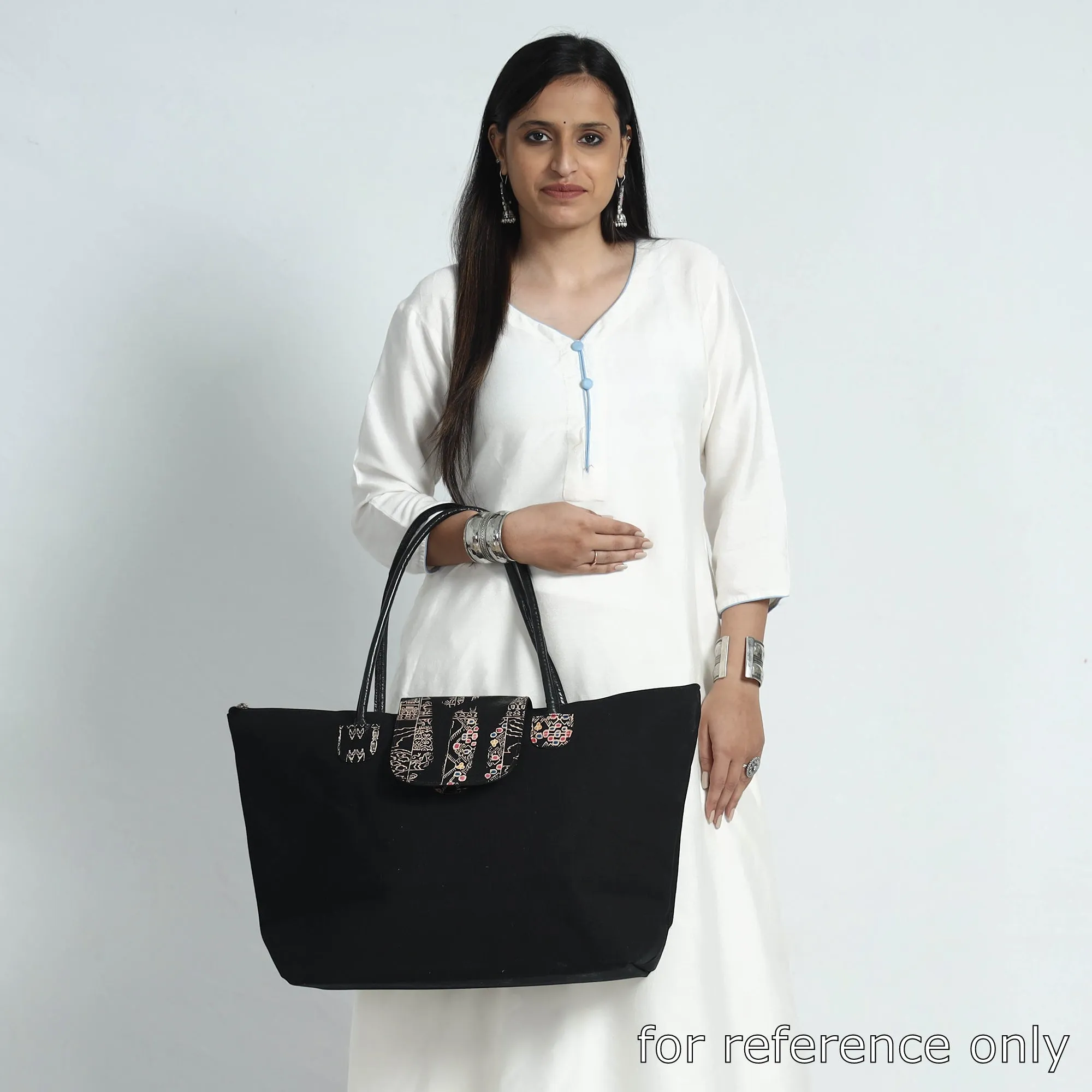 Black - Handcrafted Canvas Cotton & Embossed Leather Flap Tote Bag