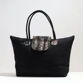 Black - Handcrafted Canvas Cotton & Embossed Leather Flap Tote Bag