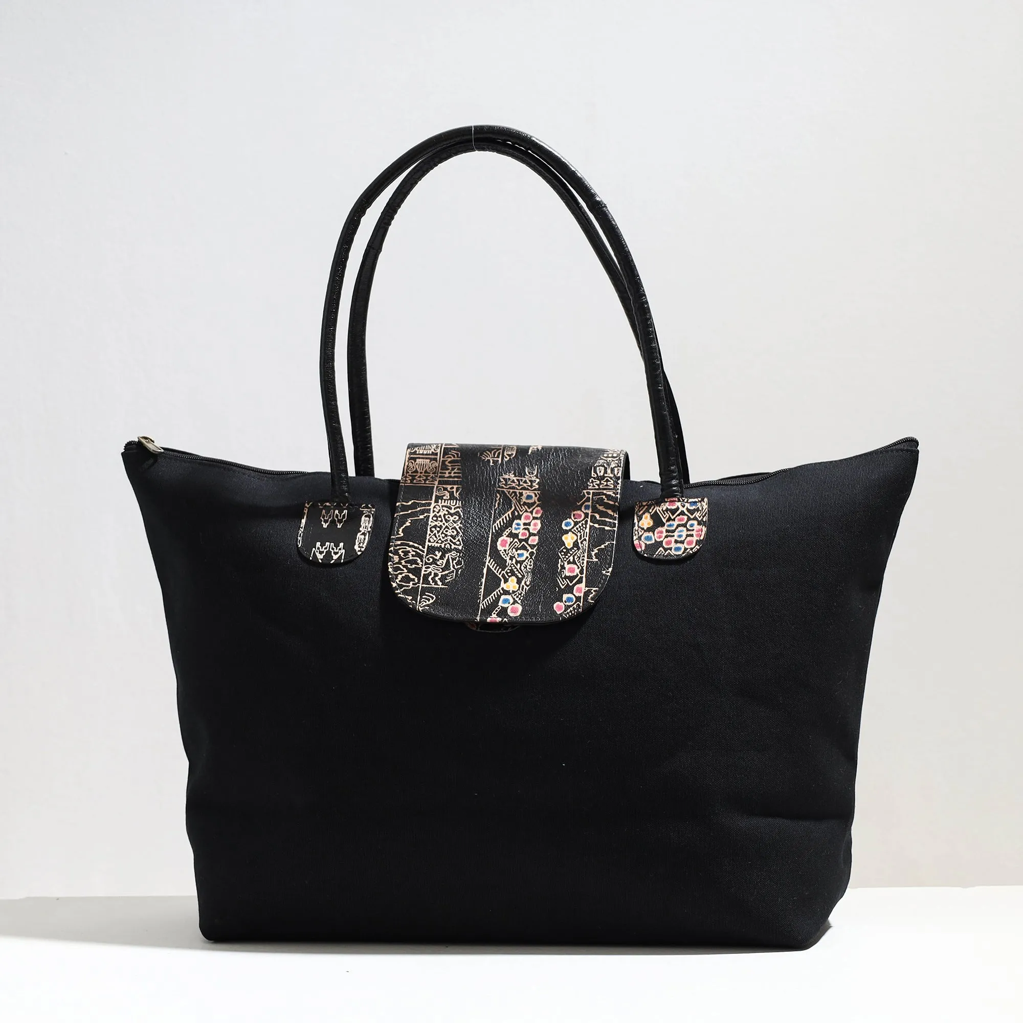 Black - Handcrafted Canvas Cotton & Embossed Leather Flap Tote Bag