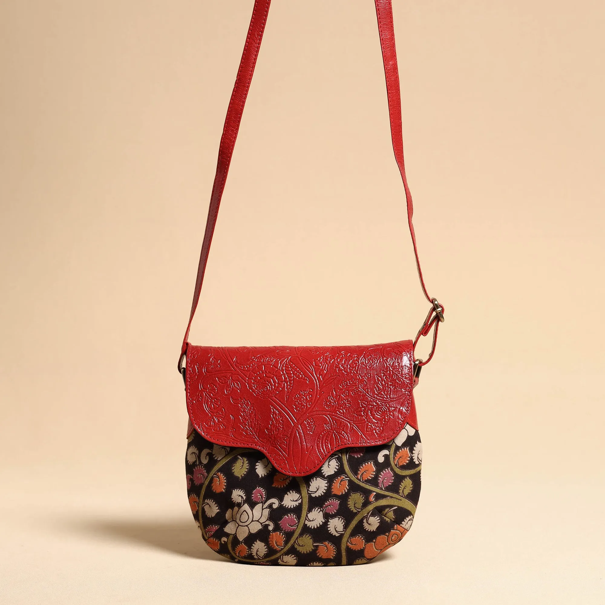 Black - Handcrafted Kalamkari Printed Sling Bag with Embossed Leather Flap