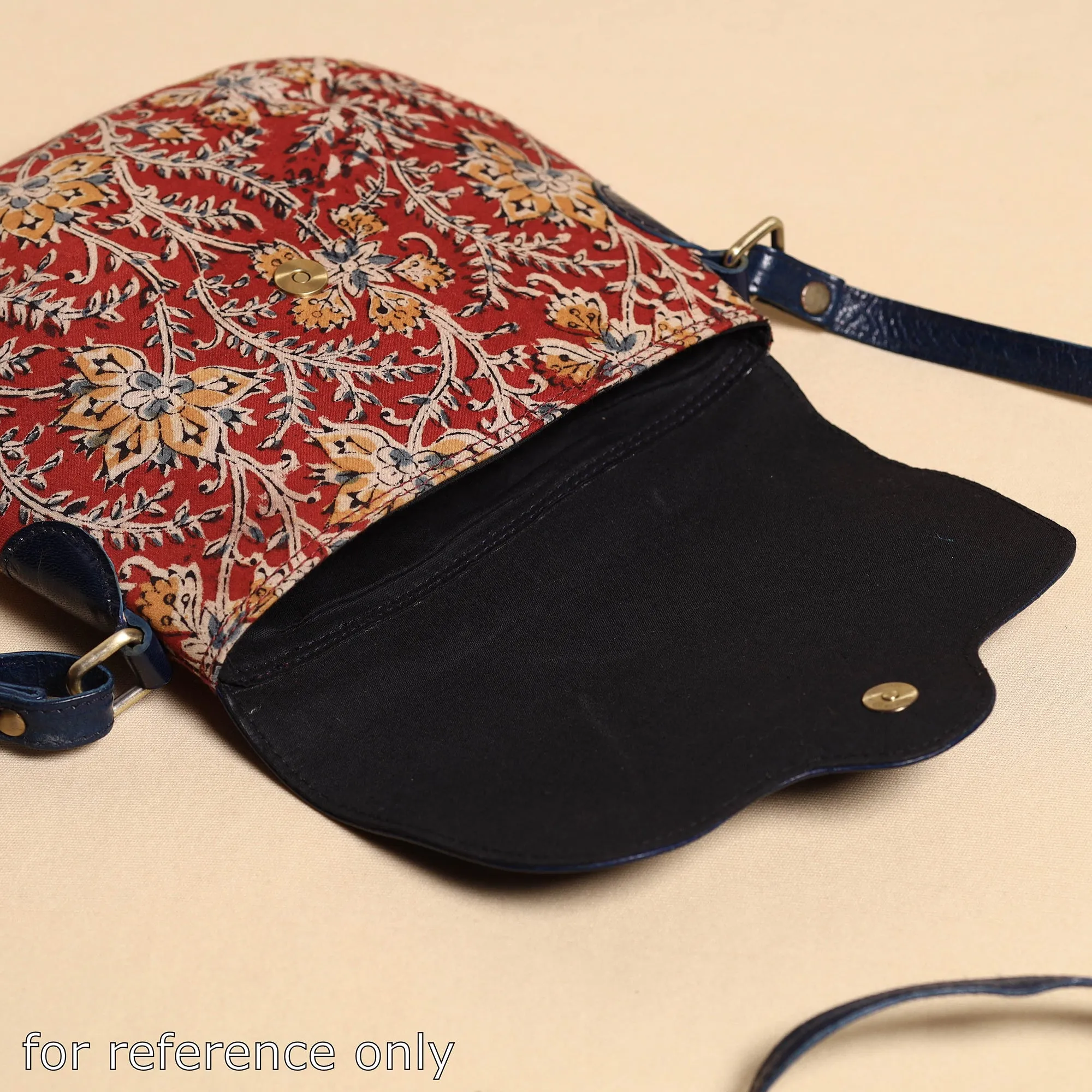 Black - Handcrafted Kalamkari Printed Sling Bag with Embossed Leather Flap