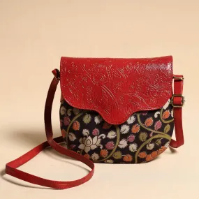 Black - Handcrafted Kalamkari Printed Sling Bag with Embossed Leather Flap