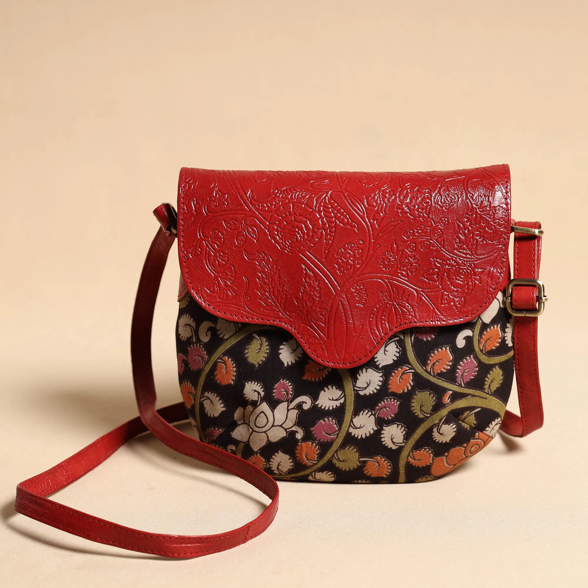 Black - Handcrafted Kalamkari Printed Sling Bag with Embossed Leather Flap