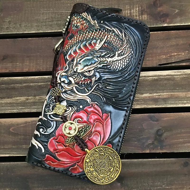 Black Handmade Chinese Dragon Tooled Leather Long Biker Wallet Chain Wallet Clutch Wallet For Men