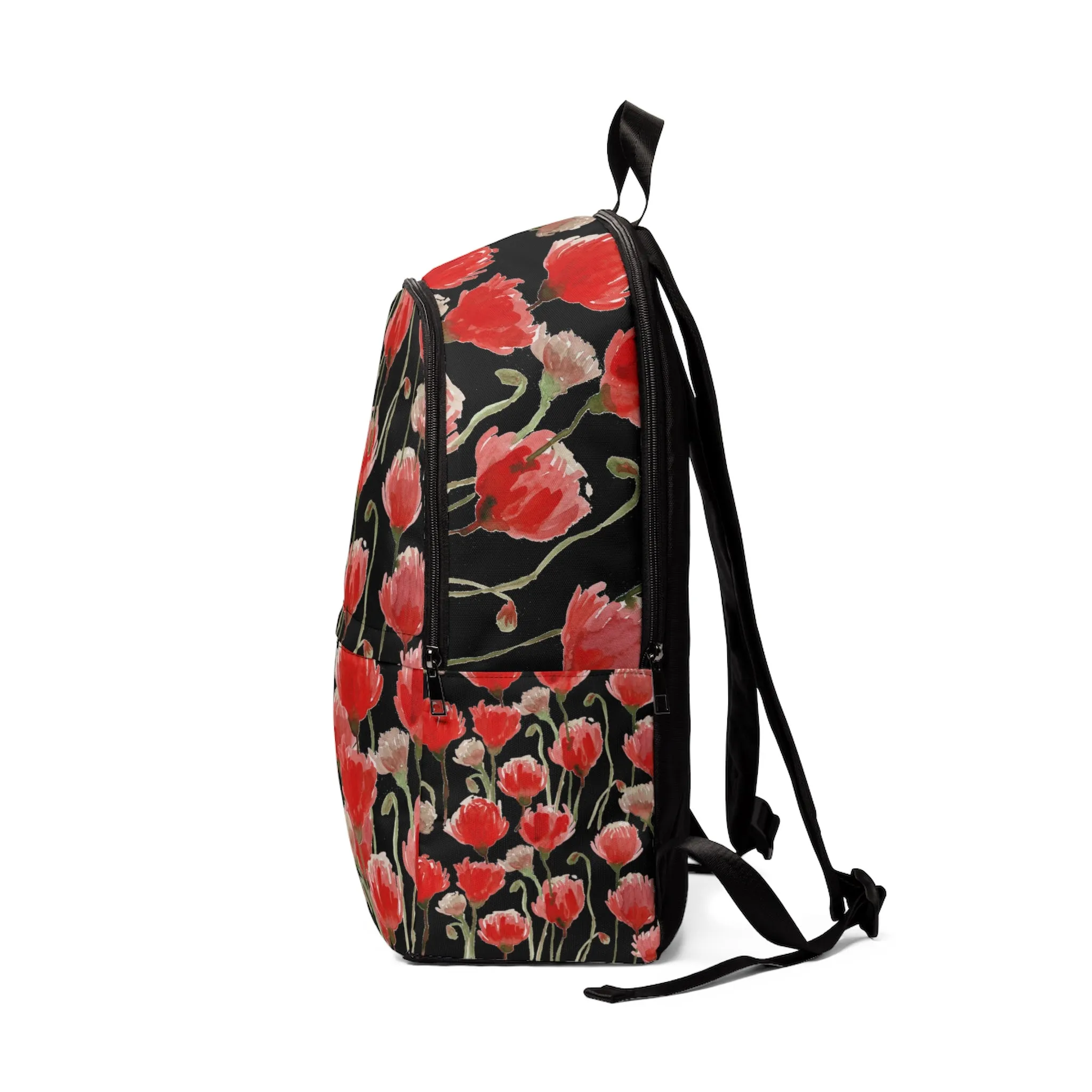 Black Red Poppy Floral Backpack, Flower Print Designer Women's School Laptop Bag