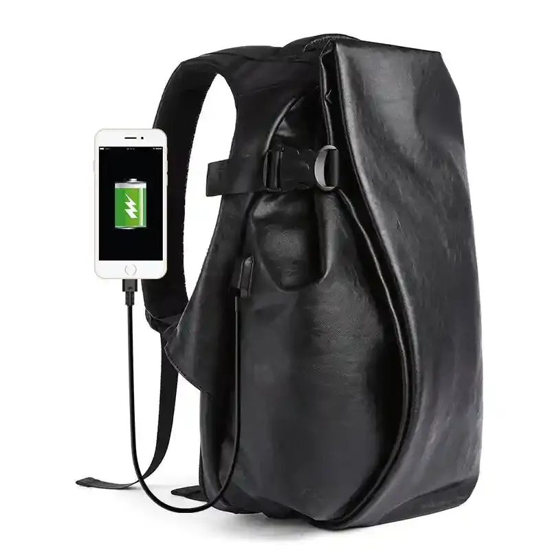 Black Waterproof Leather Laptop Backpack With USB Charging