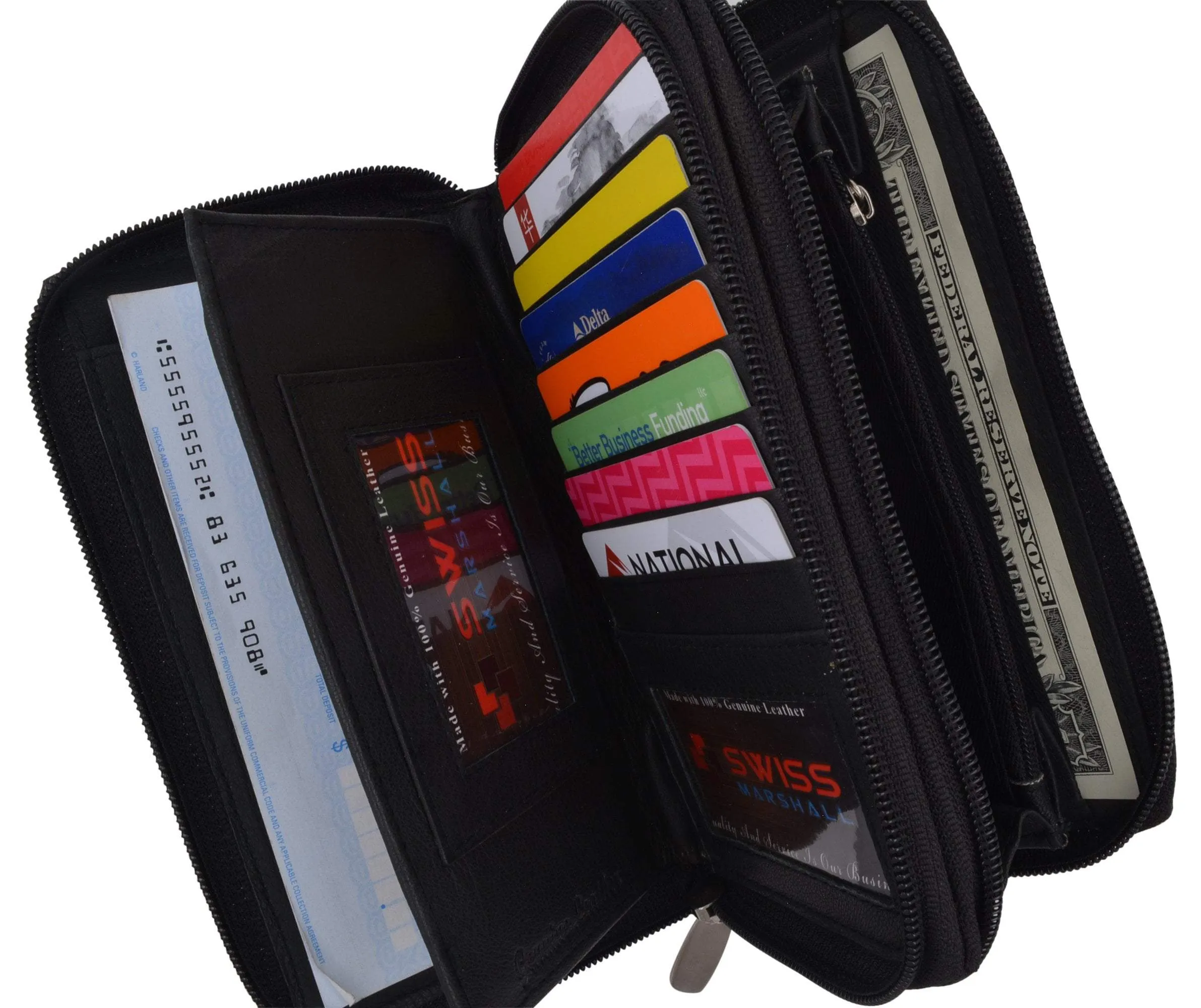 Black Zip Around Genuine Leather Checkbook Credit Card ID Holder Wallet