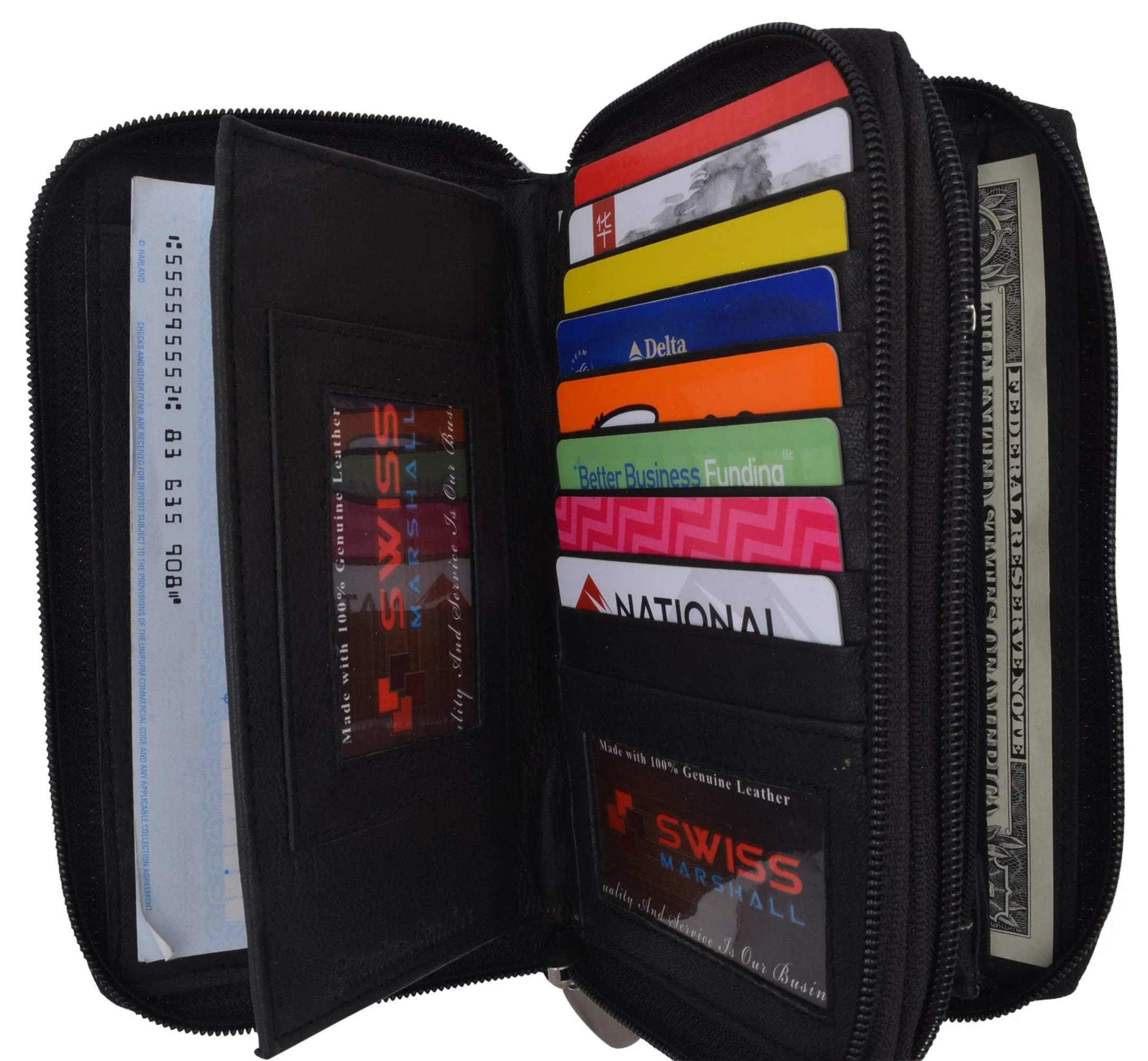 Black Zip Around Genuine Leather Checkbook Credit Card ID Holder Wallet