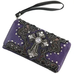 Bling Gleam Rhinestone Cross Floral Purse Long Cross Body Strap Bag