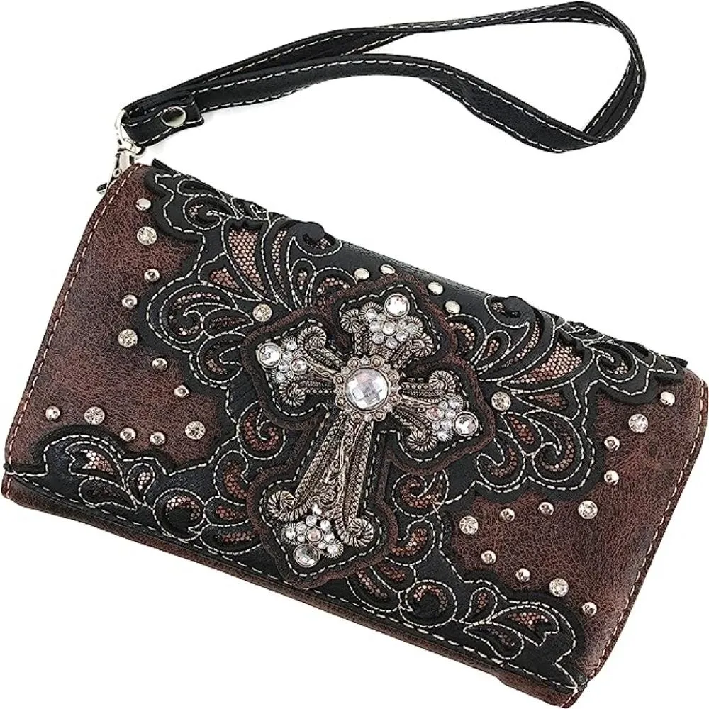 Bling Gleam Rhinestone Cross Floral Purse Long Cross Body Strap Bag