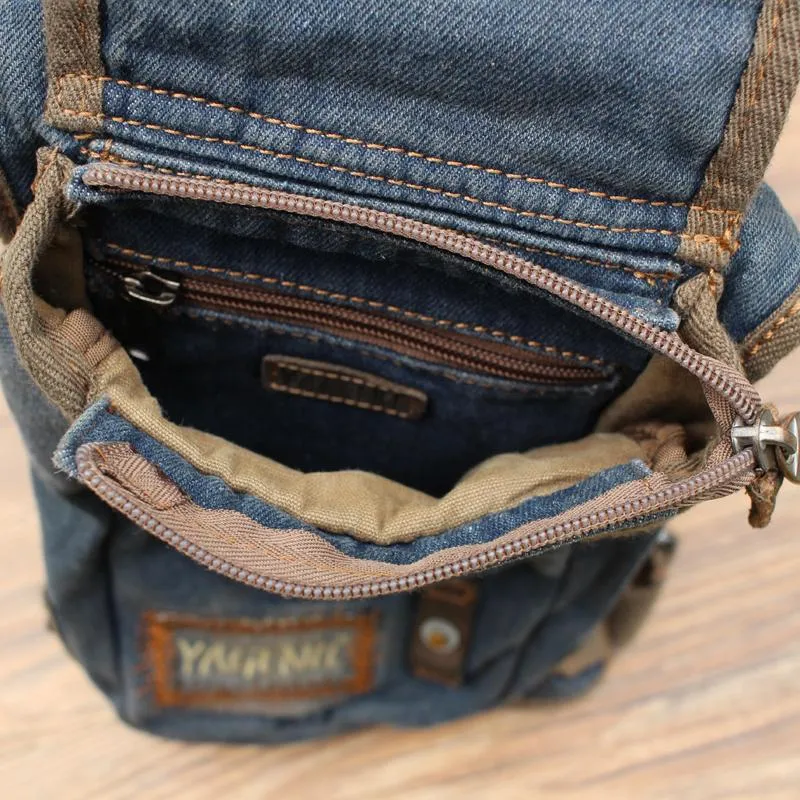 Blue Denim Canvas Mens Biker Waist Bag DropLeg Bag Belt Pouch Small Messenger Bag For Men