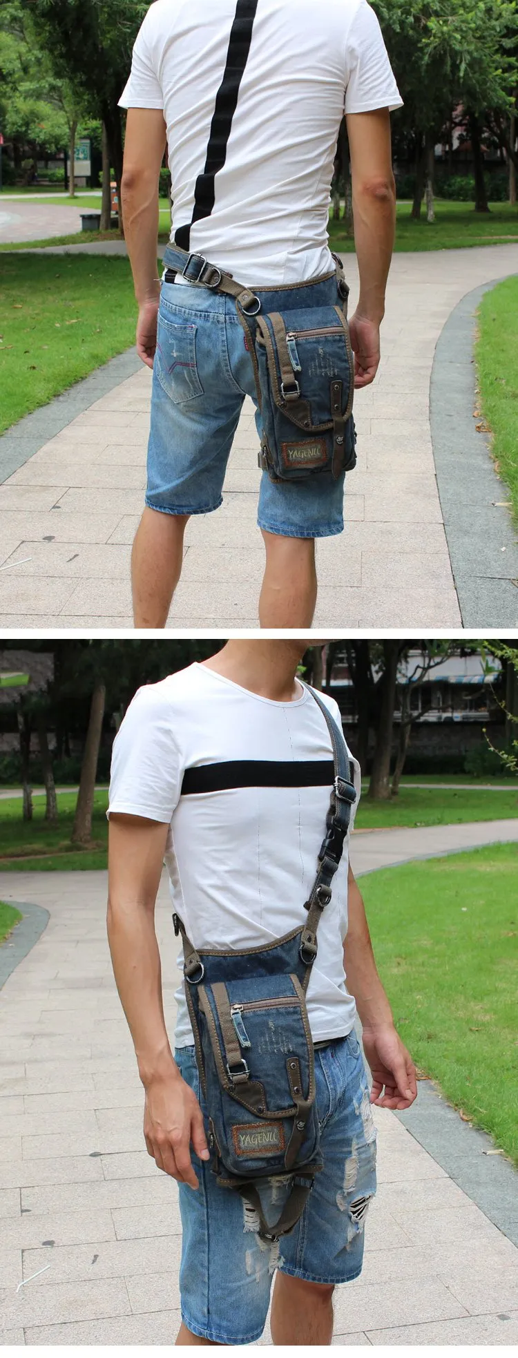 Blue Denim Canvas Mens Biker Waist Bag DropLeg Bag Belt Pouch Small Messenger Bag For Men