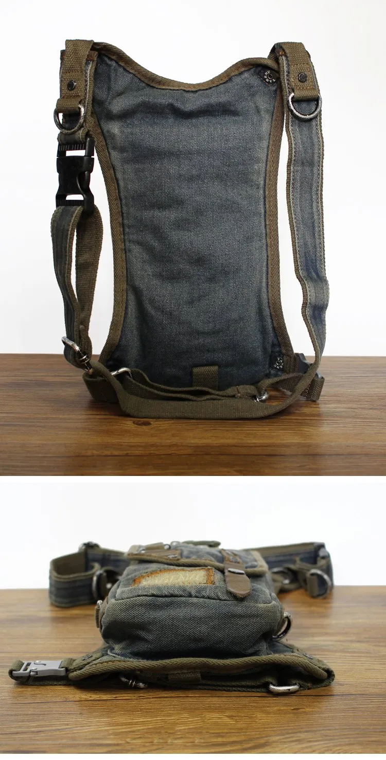 Blue Denim Canvas Mens Biker Waist Bag DropLeg Bag Belt Pouch Small Messenger Bag For Men