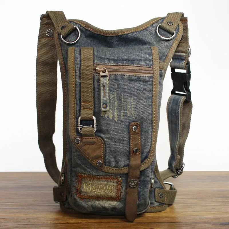 Blue Denim Canvas Mens Biker Waist Bag DropLeg Bag Belt Pouch Small Messenger Bag For Men