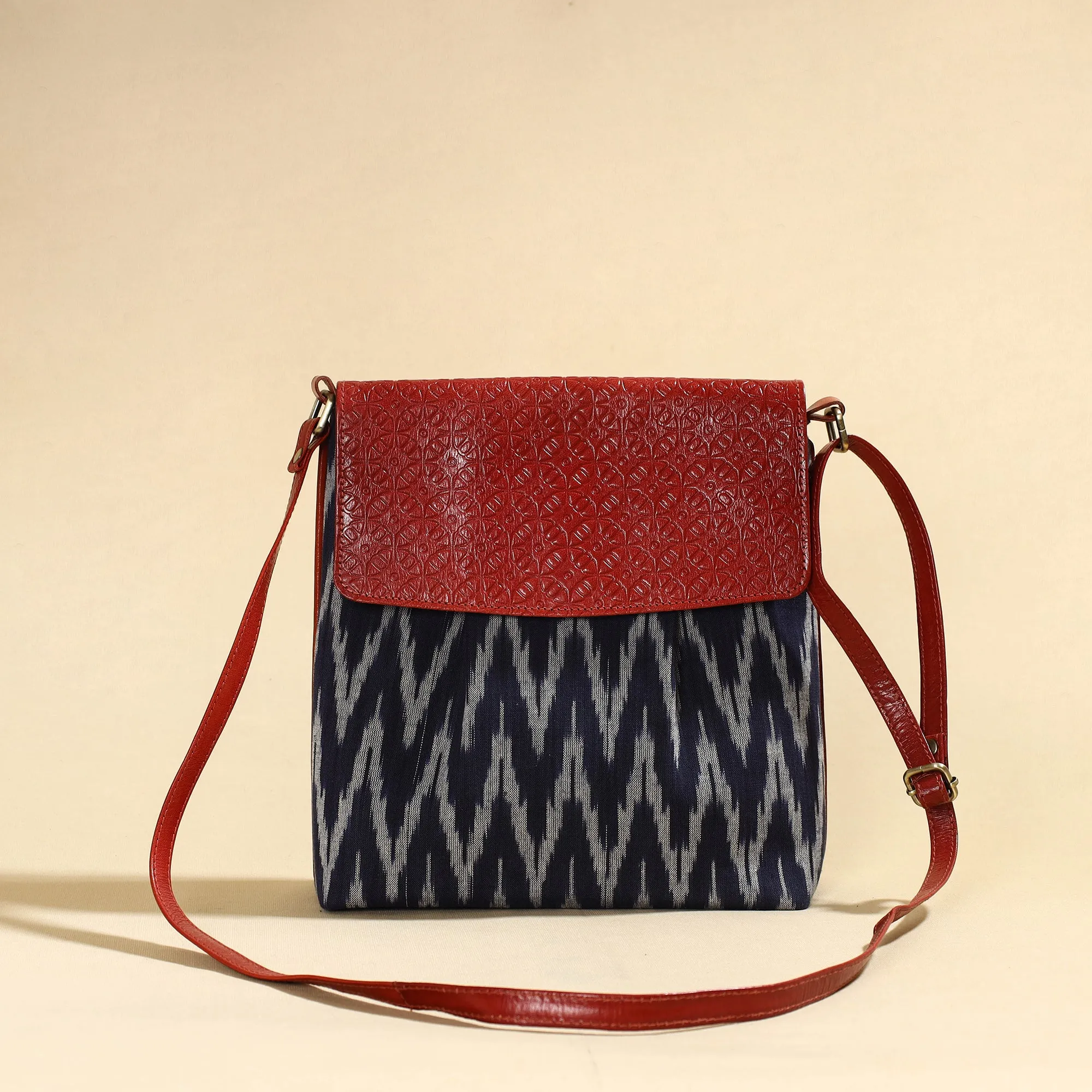 Blue - Handcrafted Ikat Fabric Sling Bag with Embossed Leather Flap