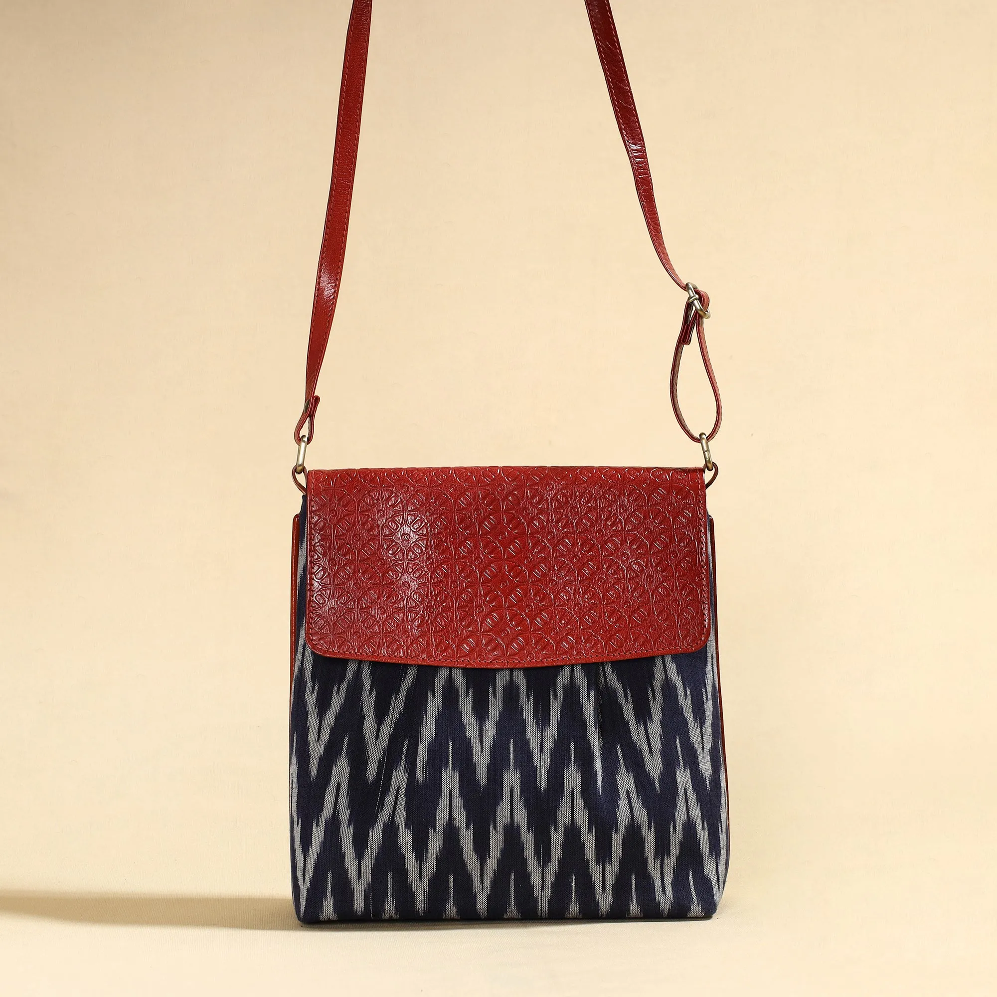 Blue - Handcrafted Ikat Fabric Sling Bag with Embossed Leather Flap