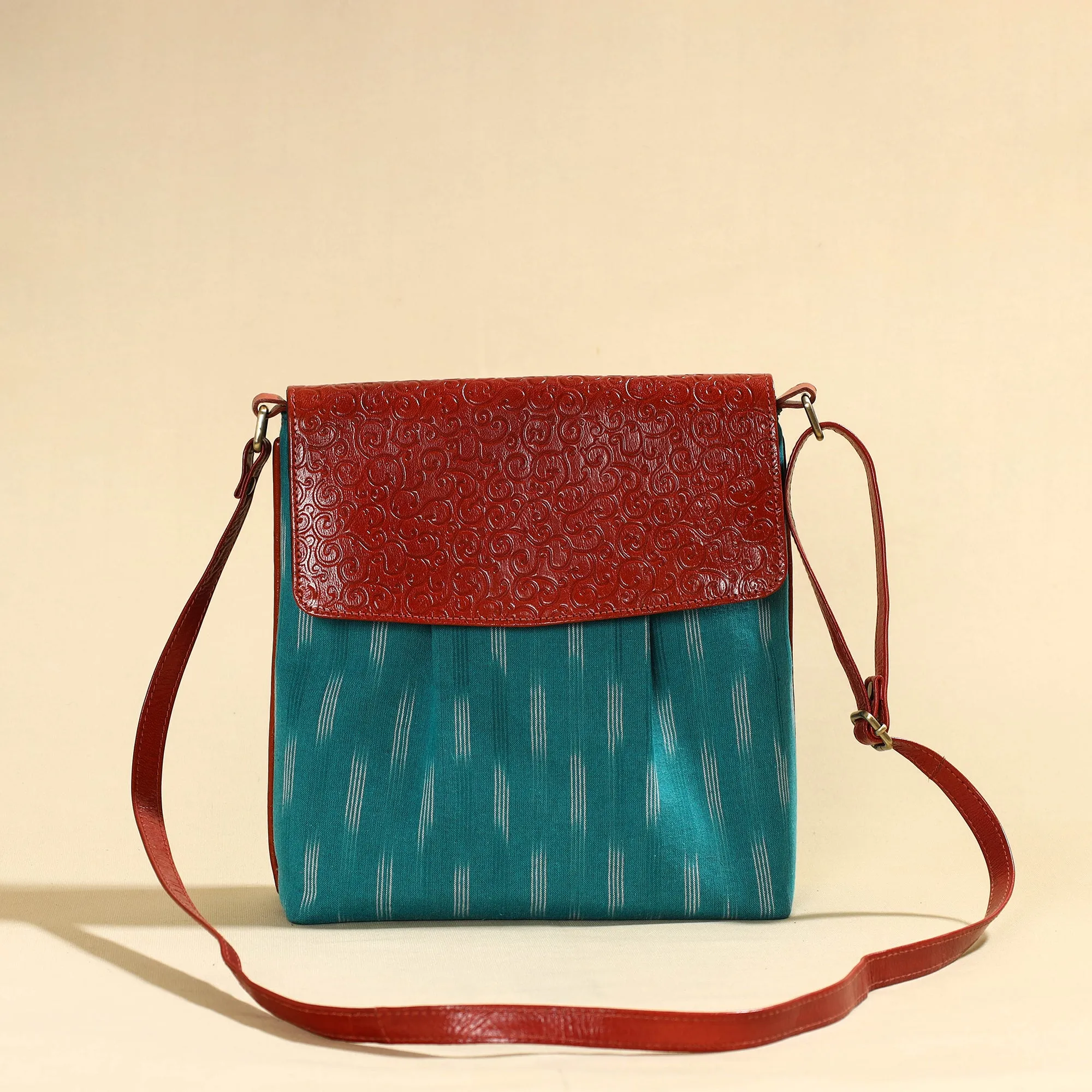 Blue - Handcrafted Jacquard Fabric Sling Bag with Embossed Leather Flap