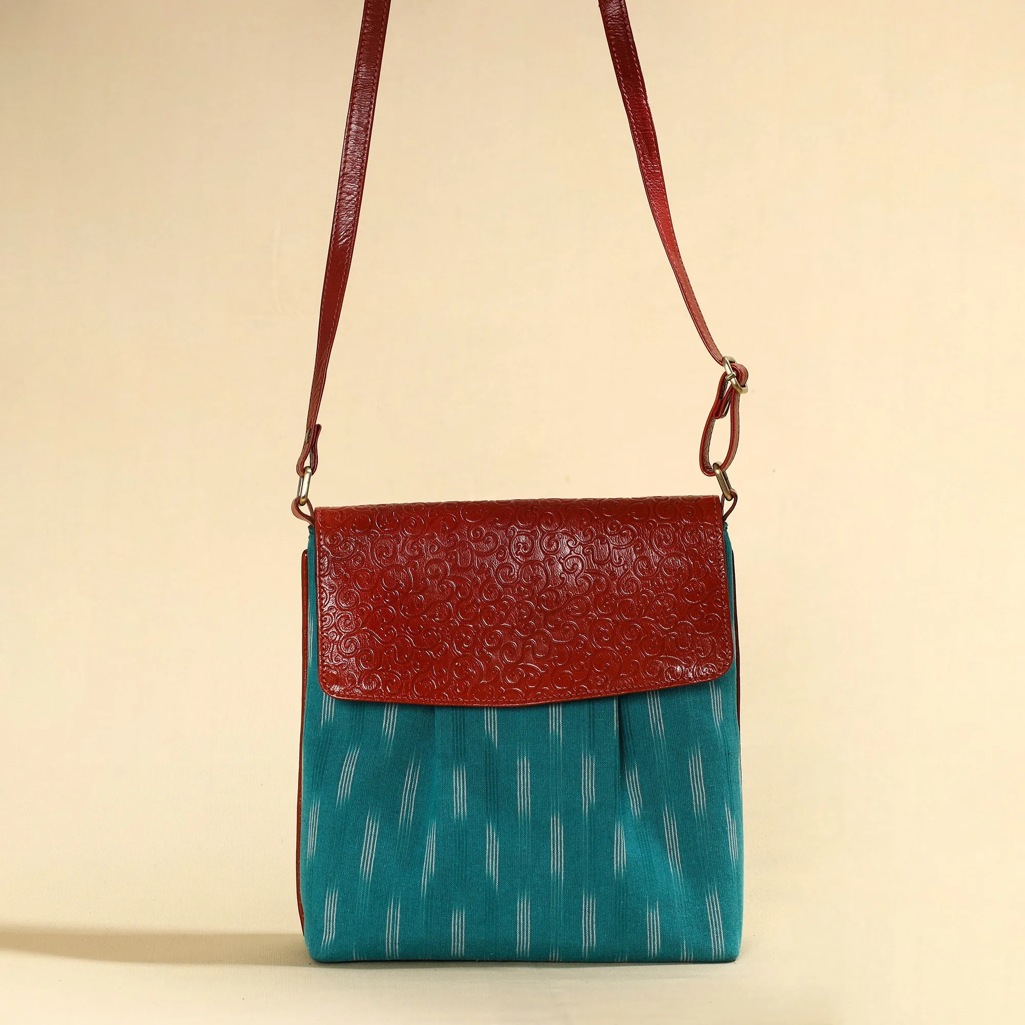 Blue - Handcrafted Jacquard Fabric Sling Bag with Embossed Leather Flap