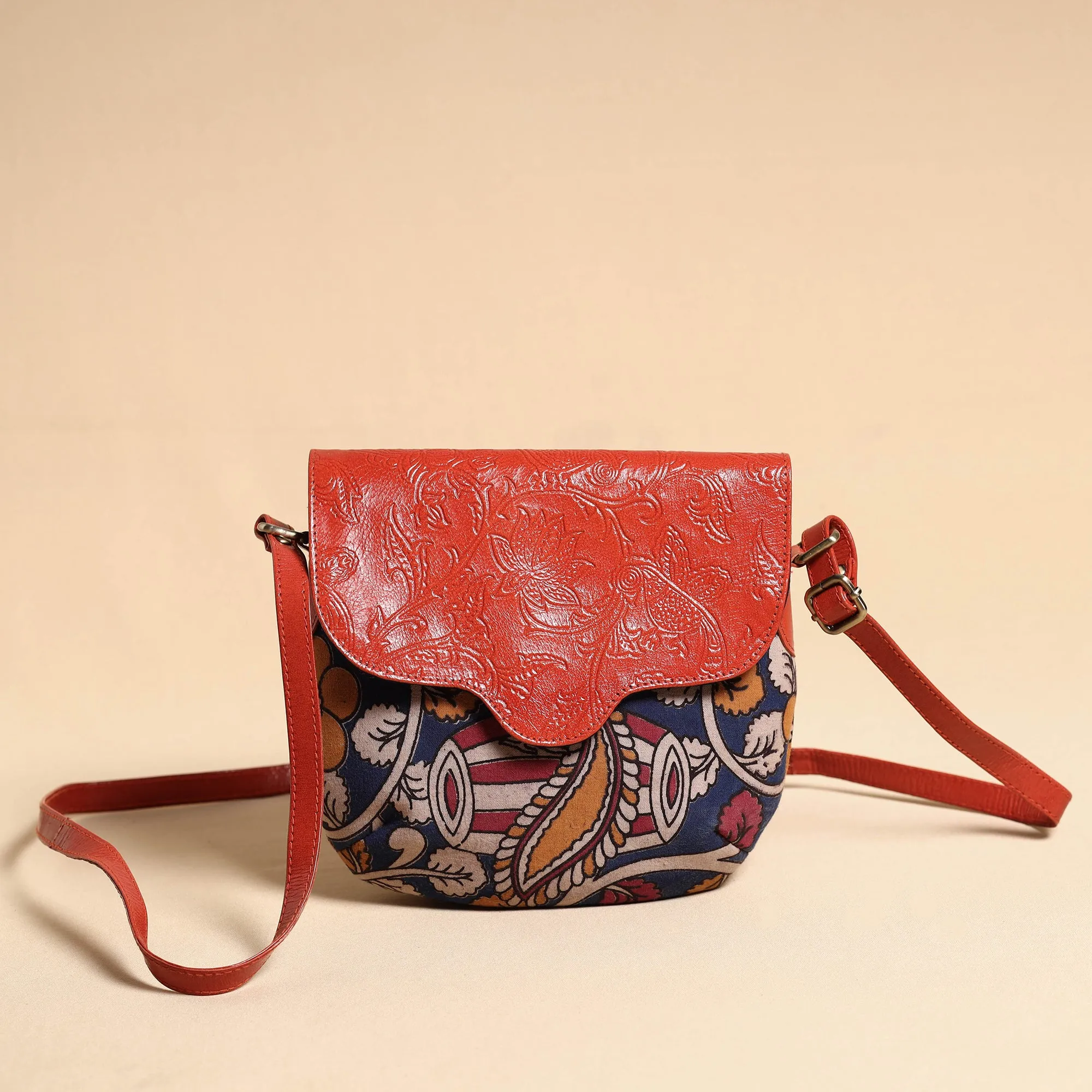 Blue - Handcrafted Kalamkari Printed Sling Bag with Embossed Leather Flap