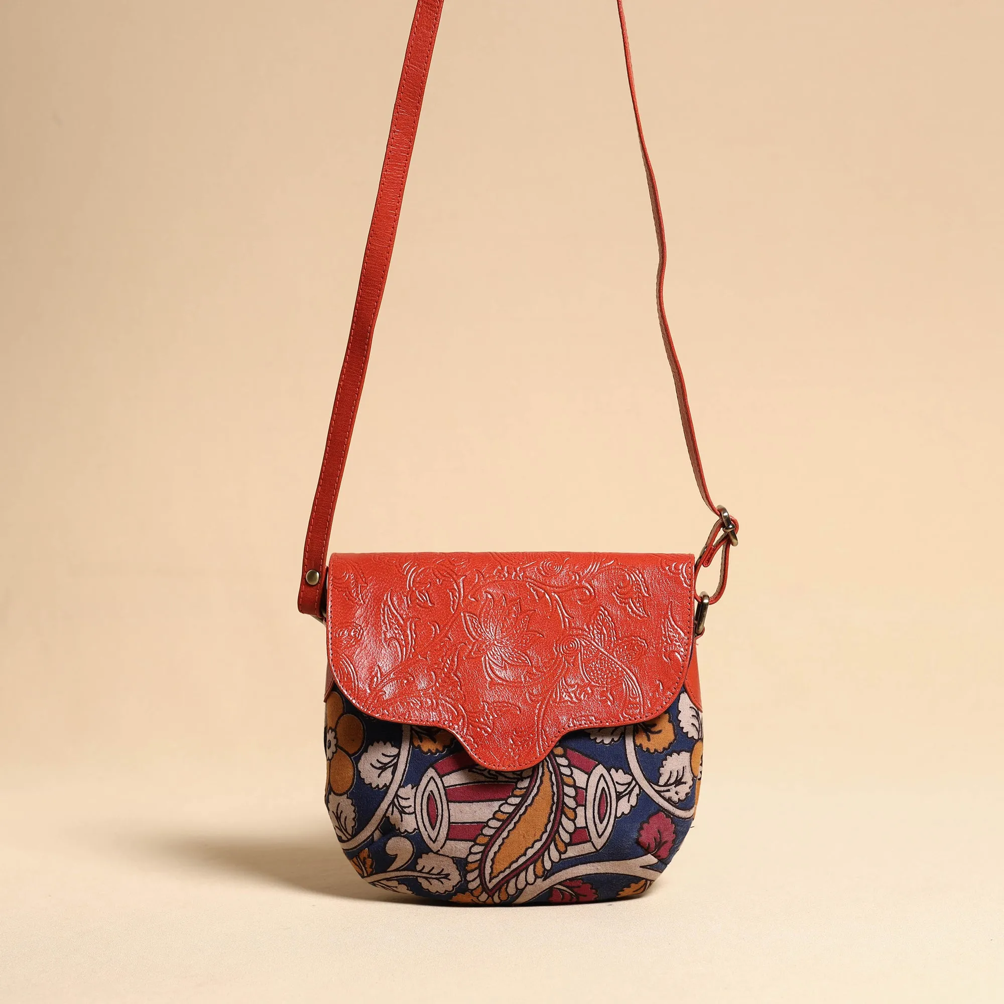 Blue - Handcrafted Kalamkari Printed Sling Bag with Embossed Leather Flap