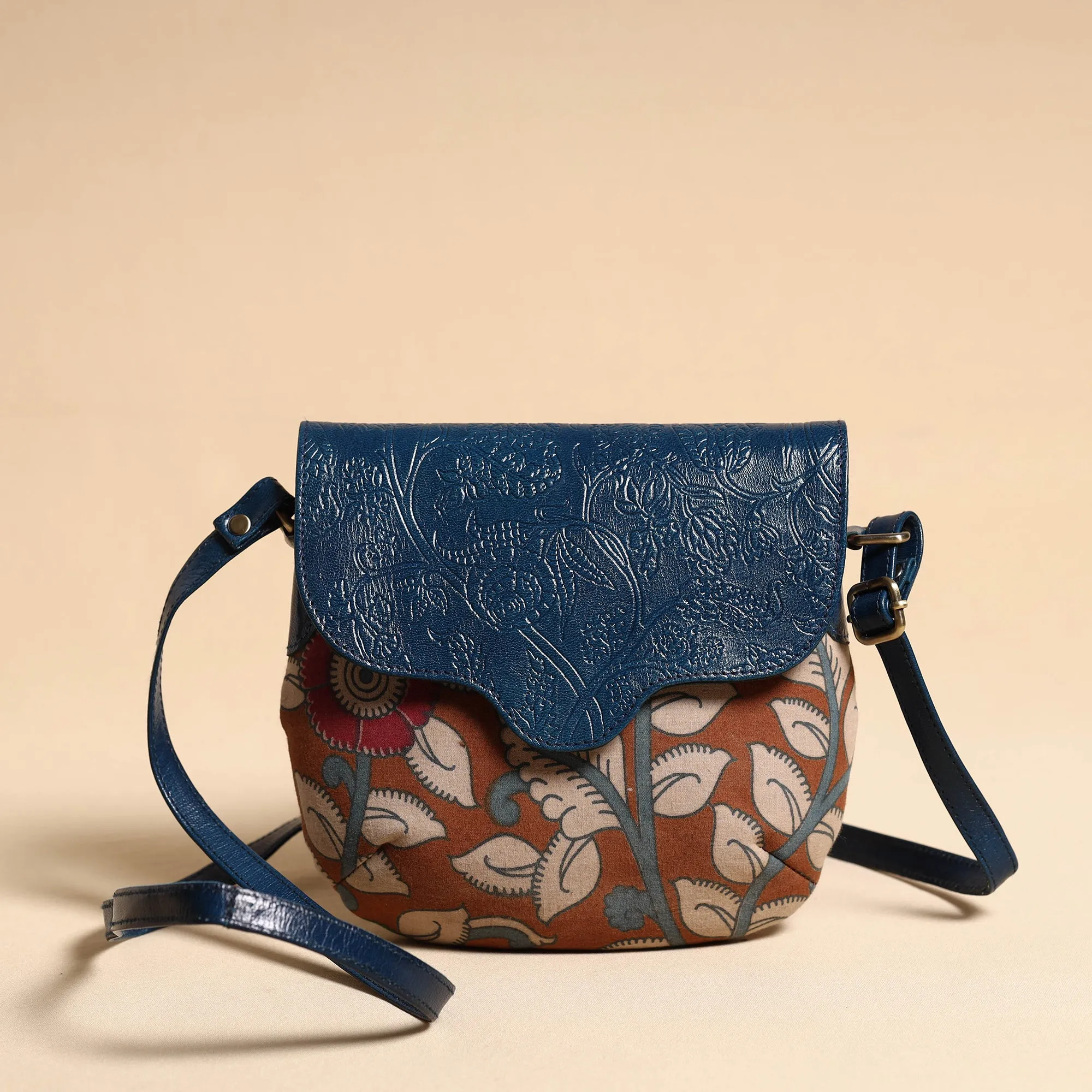 Brown - Handcrafted Kalamkari Printed Sling Bag with Embossed Leather Flap