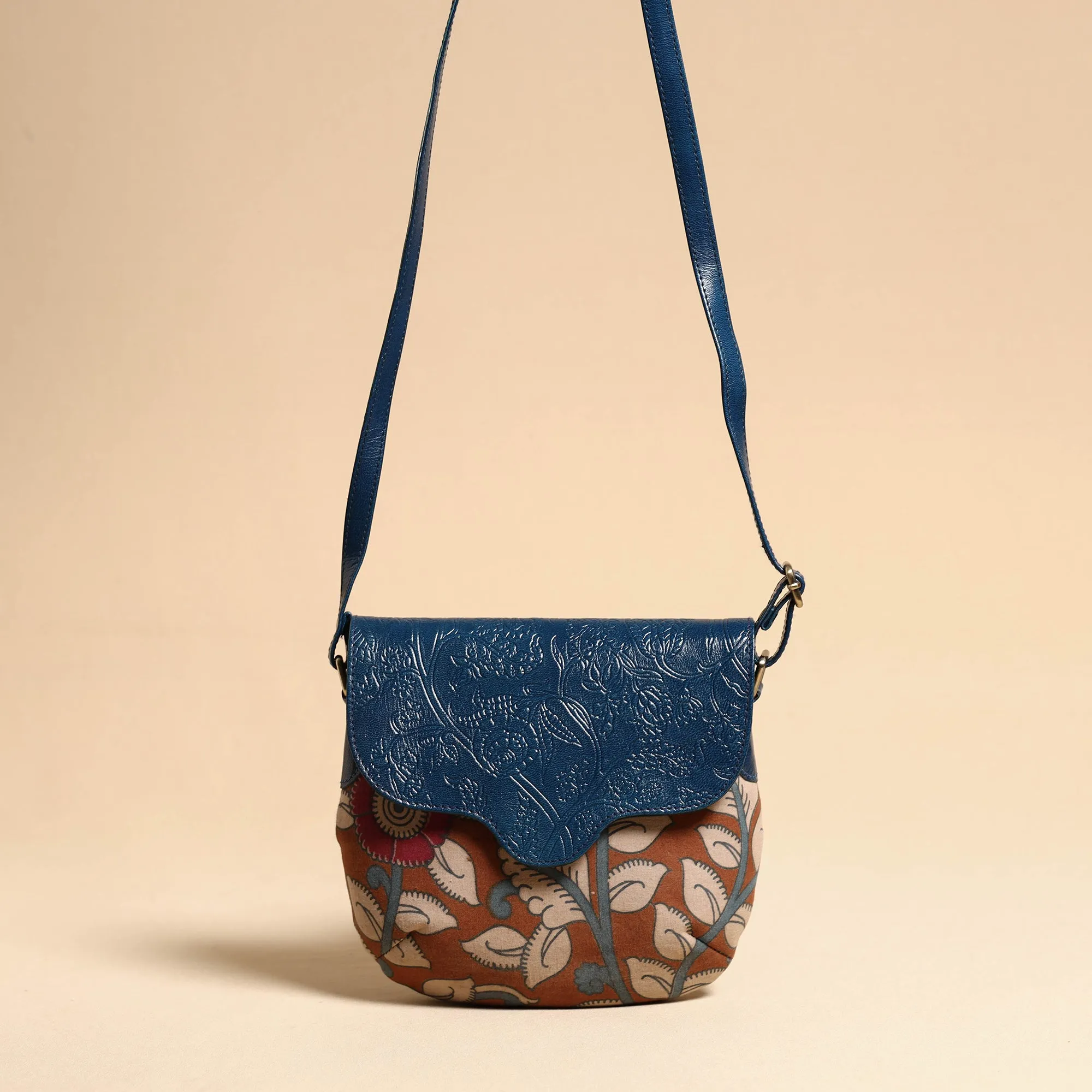 Brown - Handcrafted Kalamkari Printed Sling Bag with Embossed Leather Flap