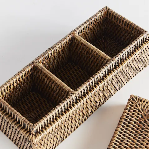 Burma Rattan 3 Compartment Lidded Box