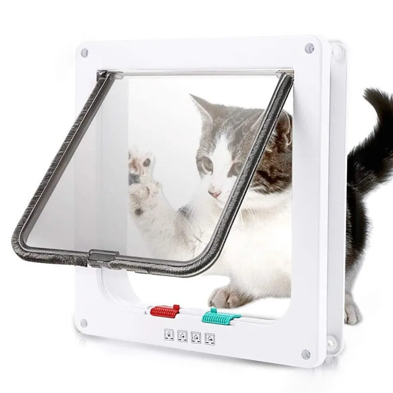 Cat Flap Door 4 Way Lockable Cat Kitten Security Gate ABS Plastic S/M/L Pet Supplies