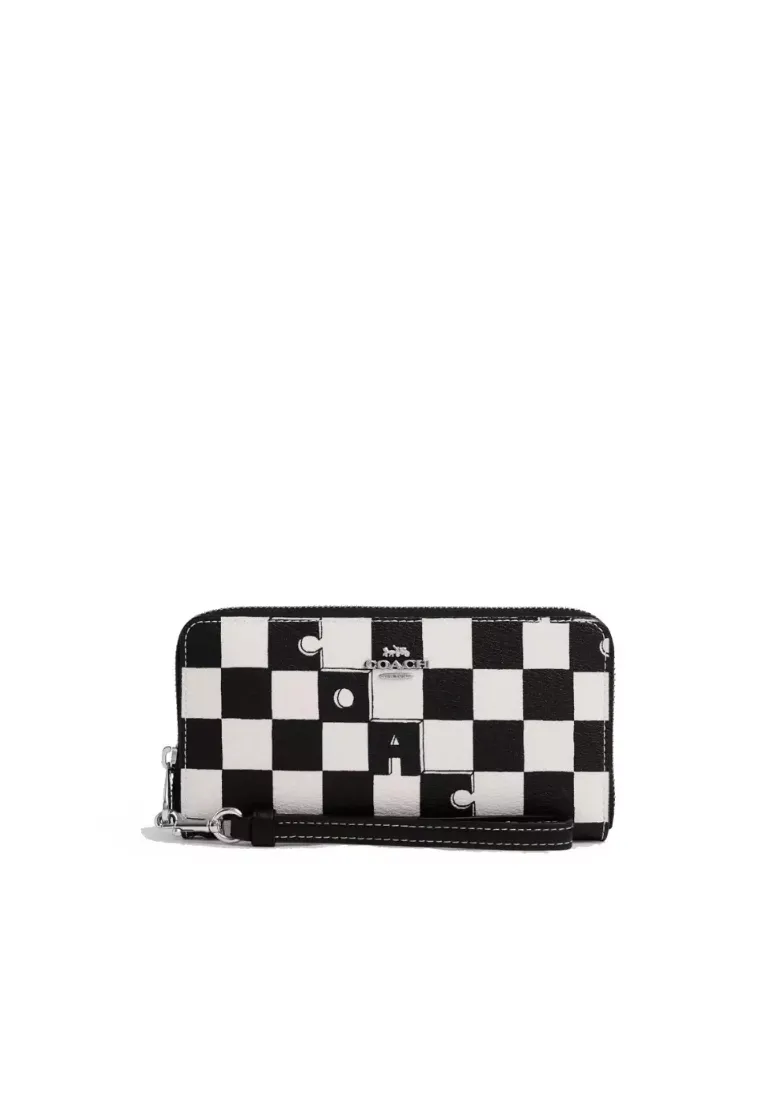 Coach Long Zip Around Wallet With Checkerboard Print In Black Chalk CR622