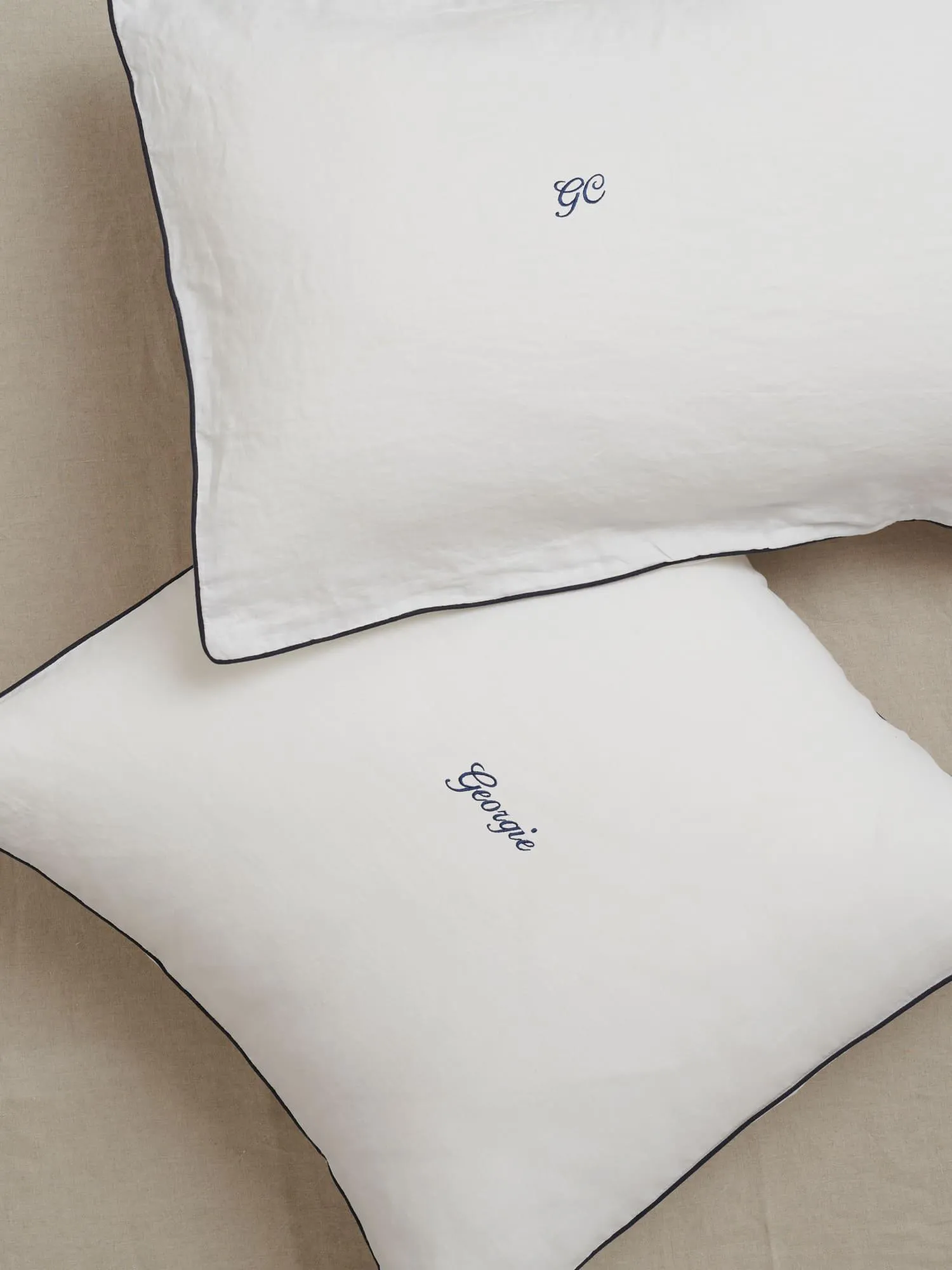 Custom European Linen Pillowcase set (of two) in White and Navy Piping