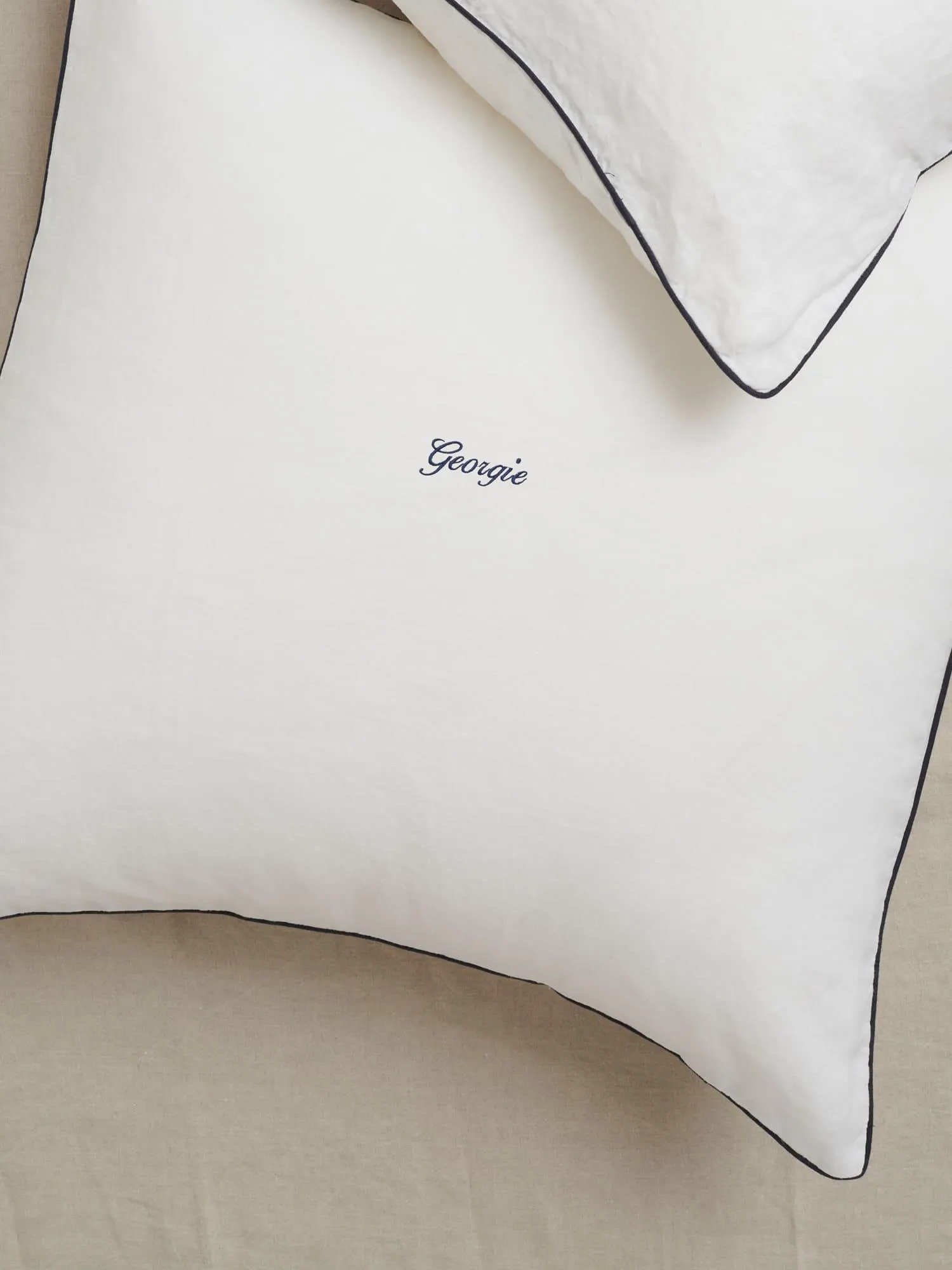 Custom European Linen Pillowcase set (of two) in White and Navy Piping