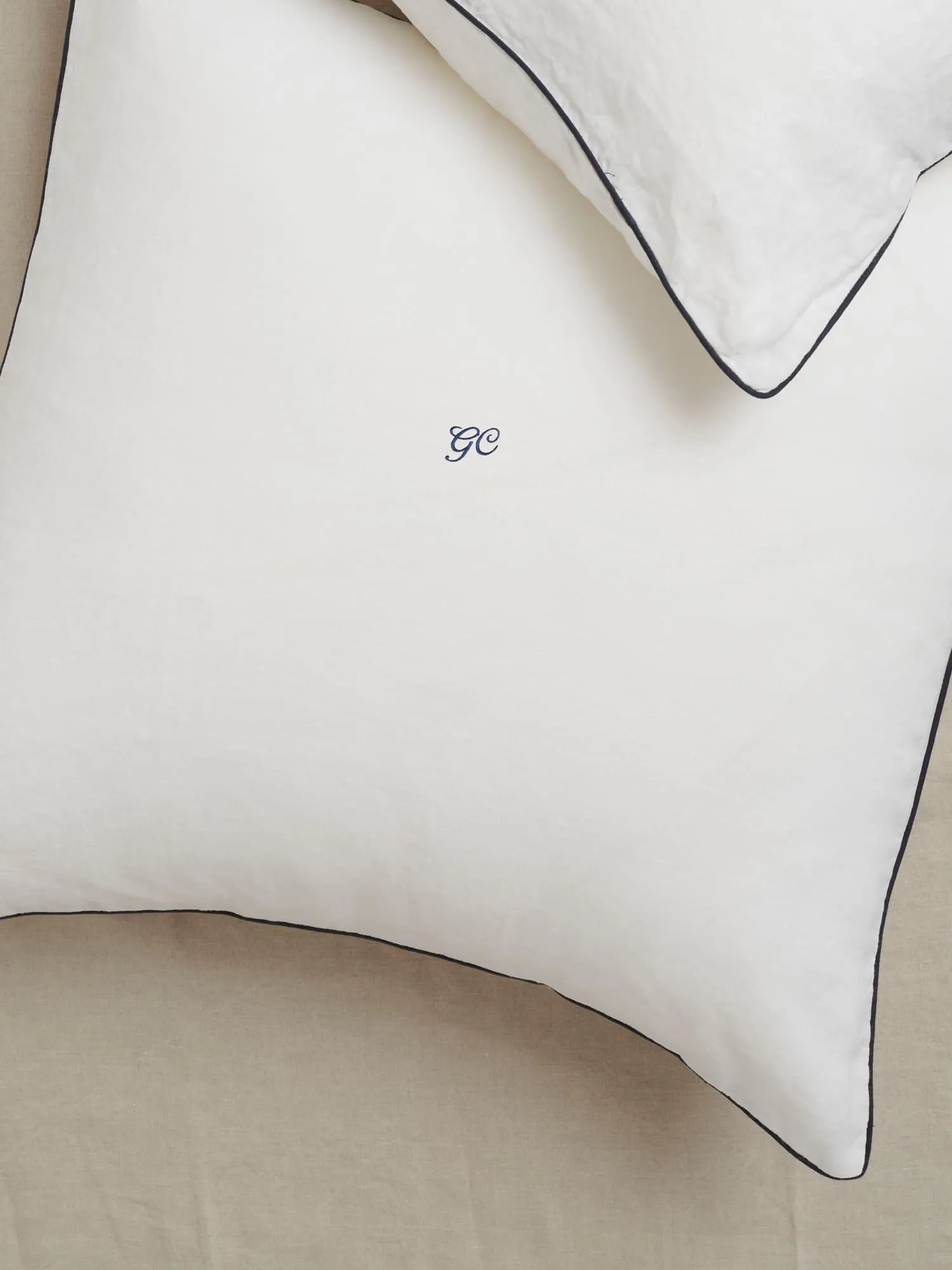 Custom European Linen Pillowcase set (of two) in White and Navy Piping