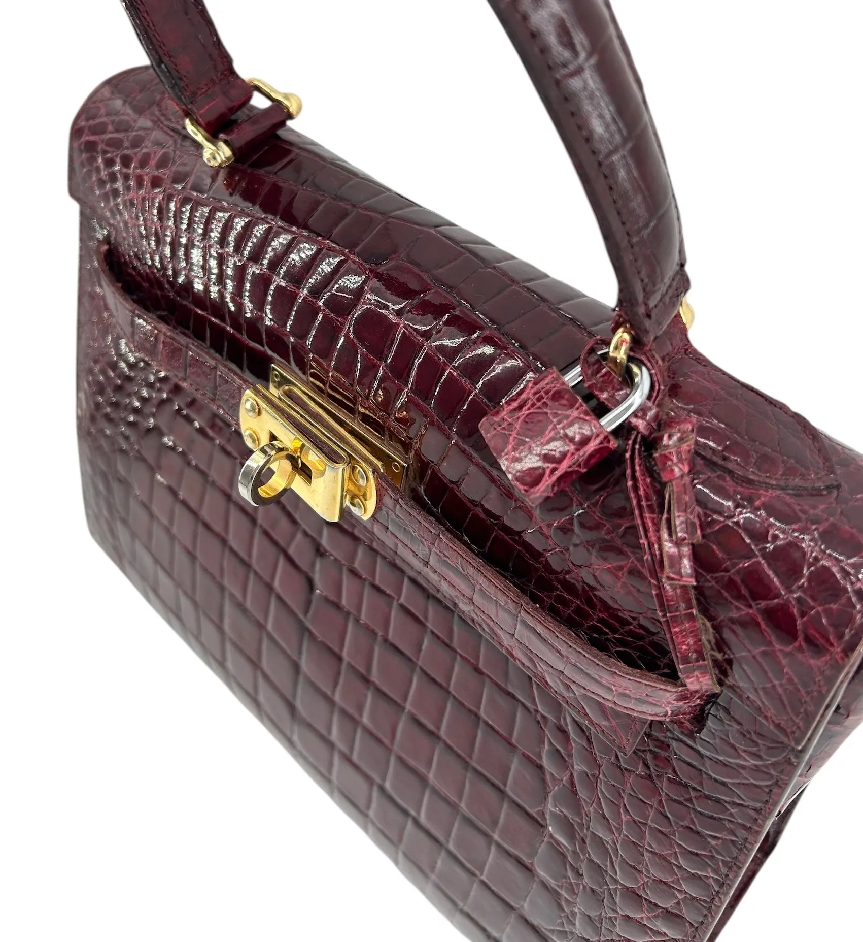 Deep Ox Blood Red Classic A-Frame Crocodile Handbag with Locket